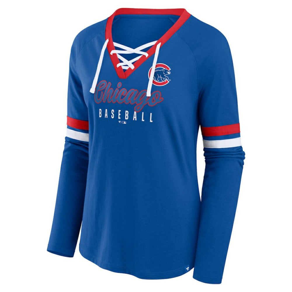 MLB Chicago Cubs Fanatics Women's Won & Done Raglan Lace-Up Long Sleeve T-Shirt