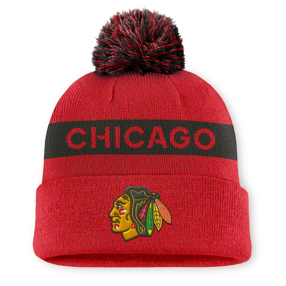 NHL Red/Black Chicago Blackhawks Fanatics Women's Authentic Pro Rink Cuffed Knit Hat with Pom