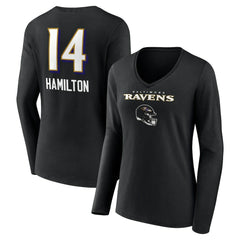 Kyle Hamilton  Women's Team Wordmark Player Name & Number Long Sleeve V-Neck T-Shirt - Baltimore Ravens