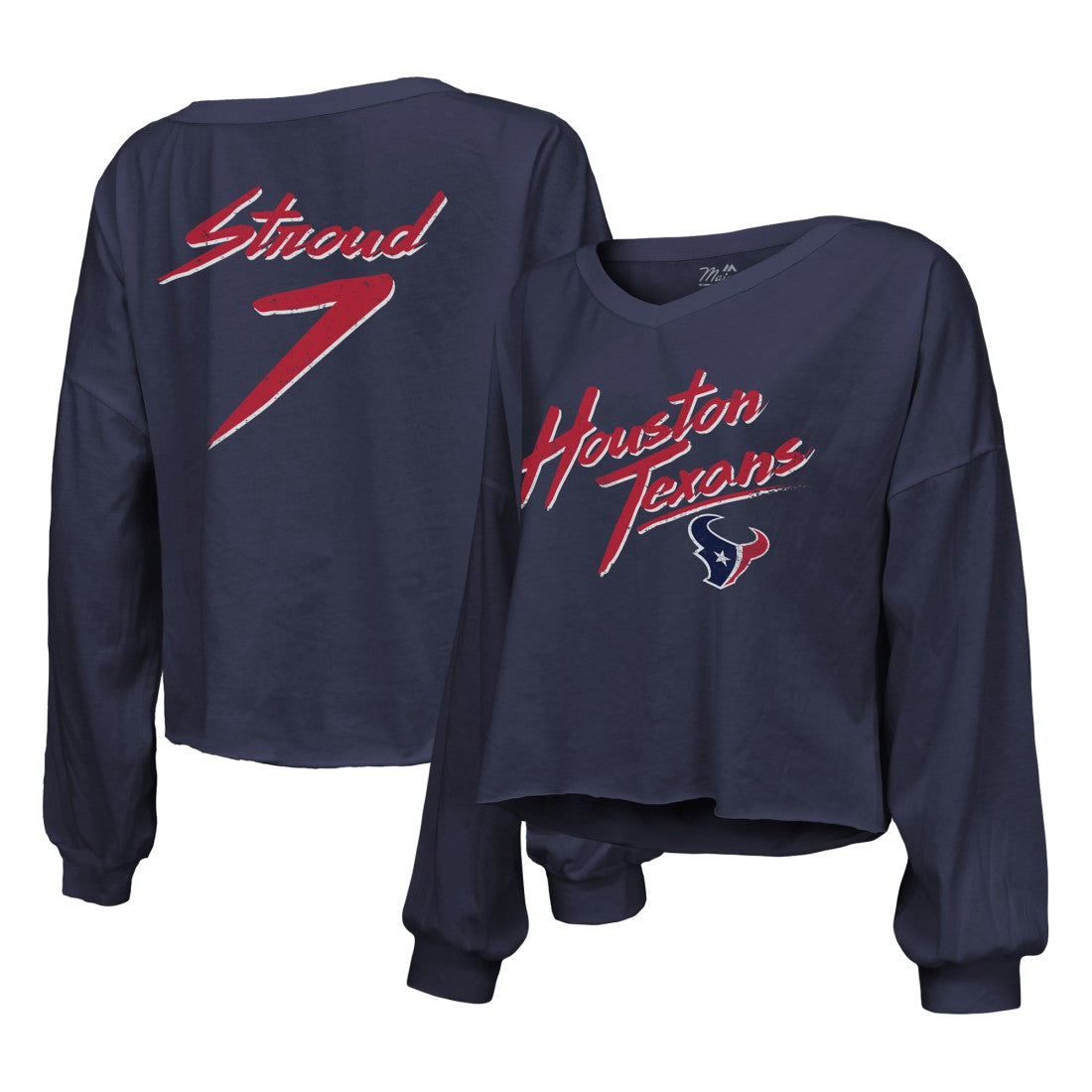C.J. Stroud  Majestic Threads Women's Name & Number Script Off-Shoulder Cropped Long Sleeve T-Shirt - Houston Texans