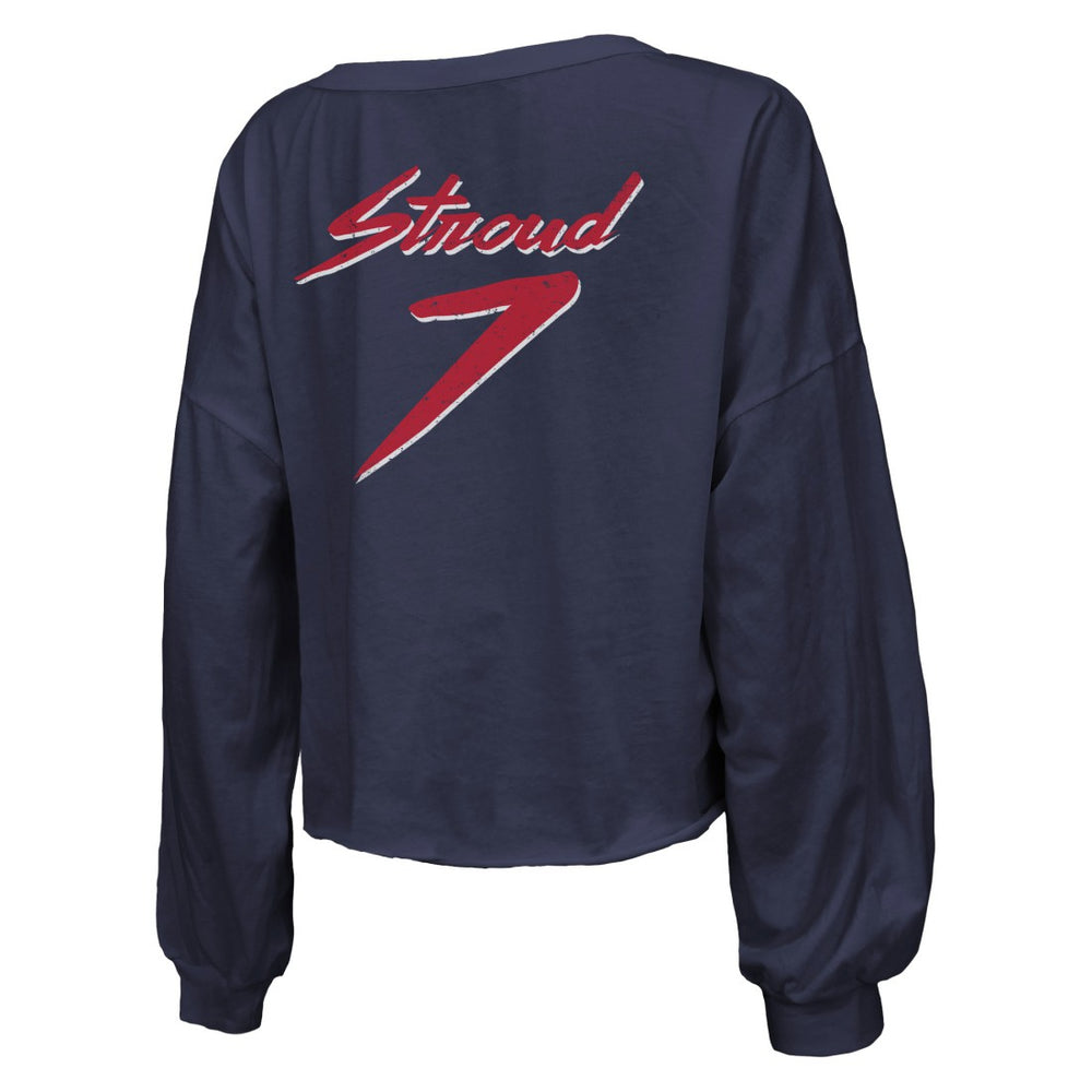 C.J. Stroud  Majestic Threads Women's Name & Number Script Off-Shoulder Cropped Long Sleeve T-Shirt - Houston Texans