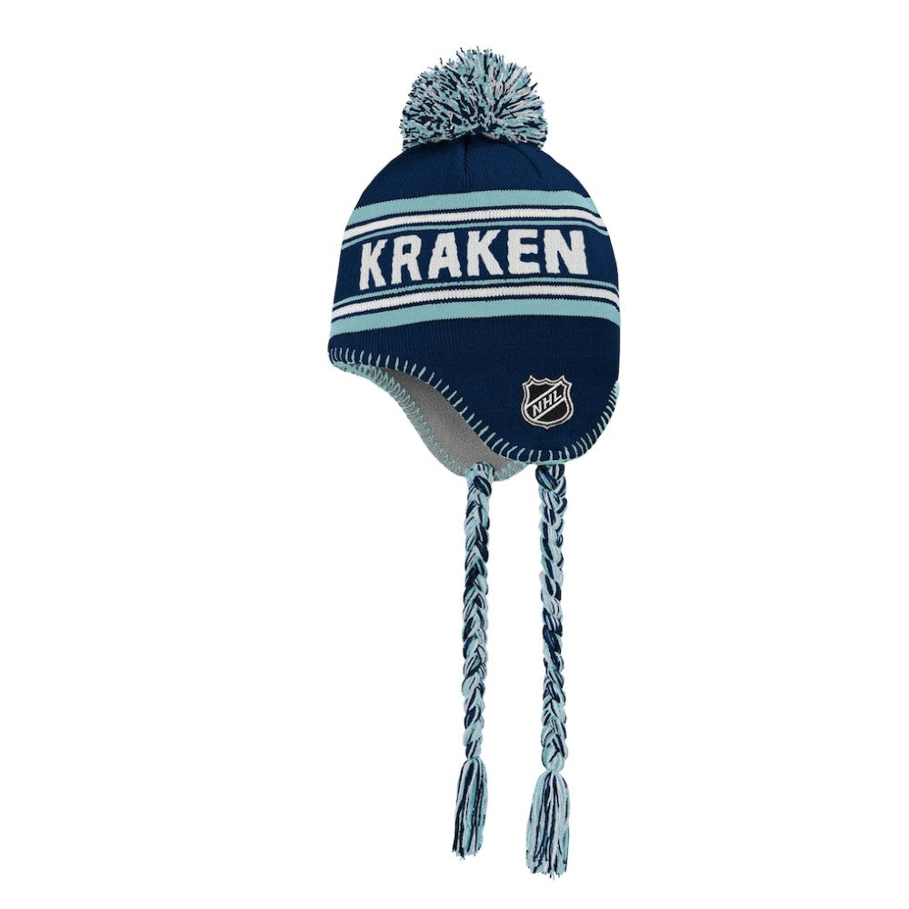 NHL Deep Sea Blue Seattle Kraken Youth Jacquard Tassel Knit Hat with Pom
