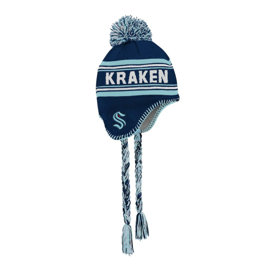 NHL Deep Sea Blue Seattle Kraken Youth Jacquard Tassel Knit Hat with Pom