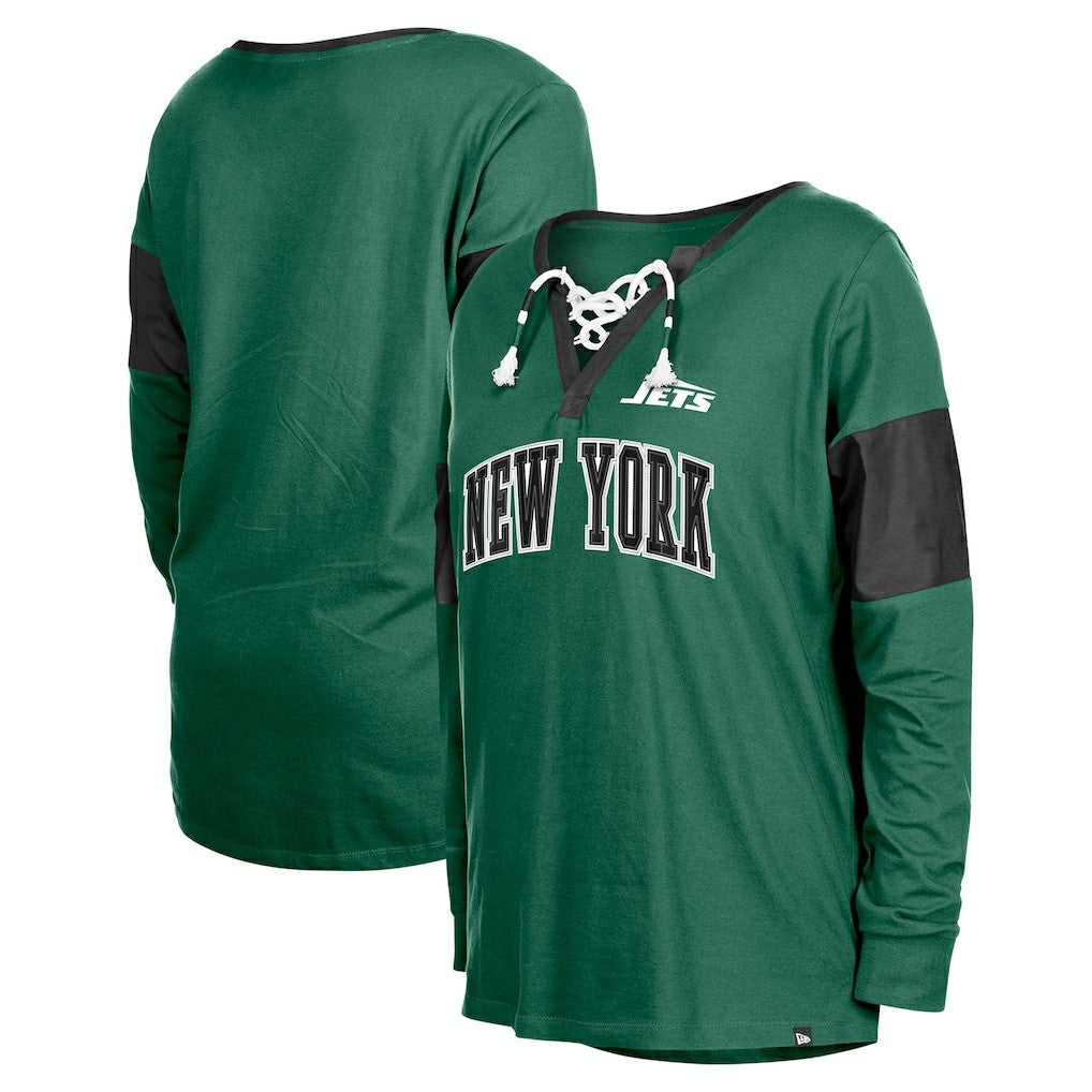 Women's Lace-Up Notch-Neck Long Sleeve T-Shirt - New York Jets