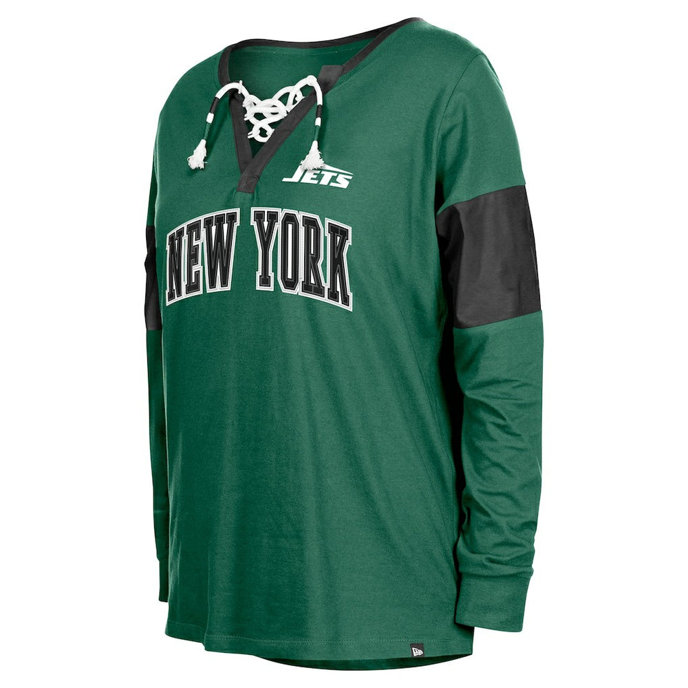 Women's Lace-Up Notch-Neck Long Sleeve T-Shirt - New York Jets
