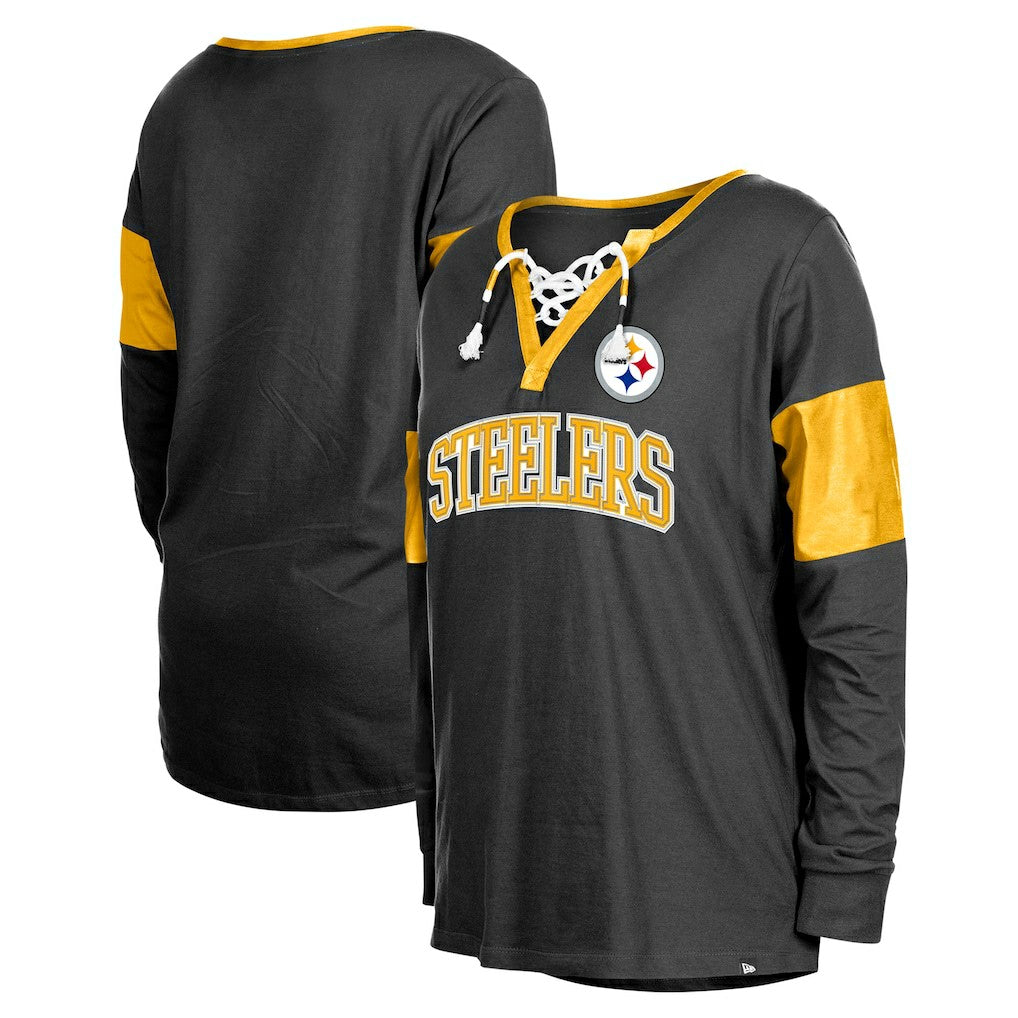 Women's Lace-Up Notch-Neck Long Sleeve T-Shirt - Pittsburgh Steelers