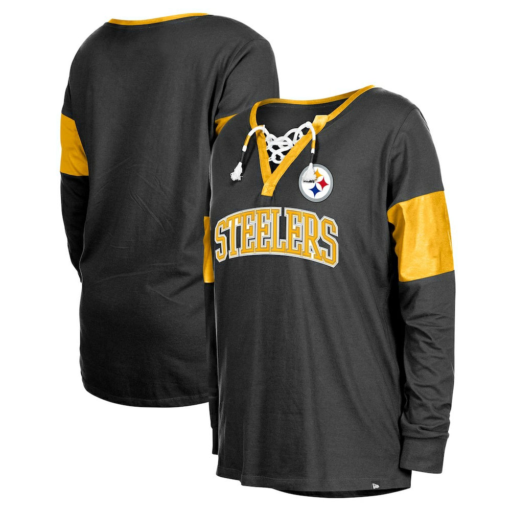 Women's Lace-Up Notch-Neck Long Sleeve T-Shirt - Pittsburgh Steelers