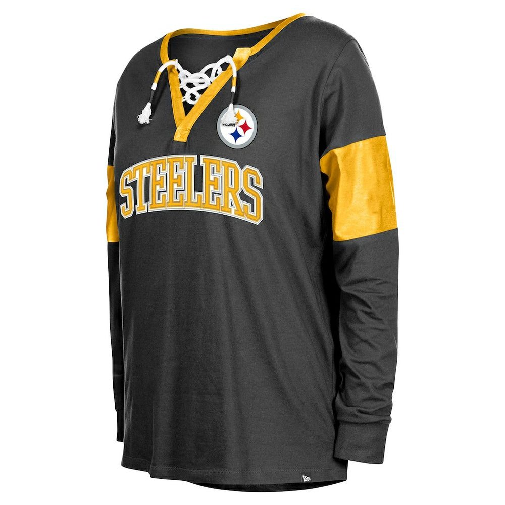 Women's Lace-Up Notch-Neck Long Sleeve T-Shirt - Pittsburgh Steelers
