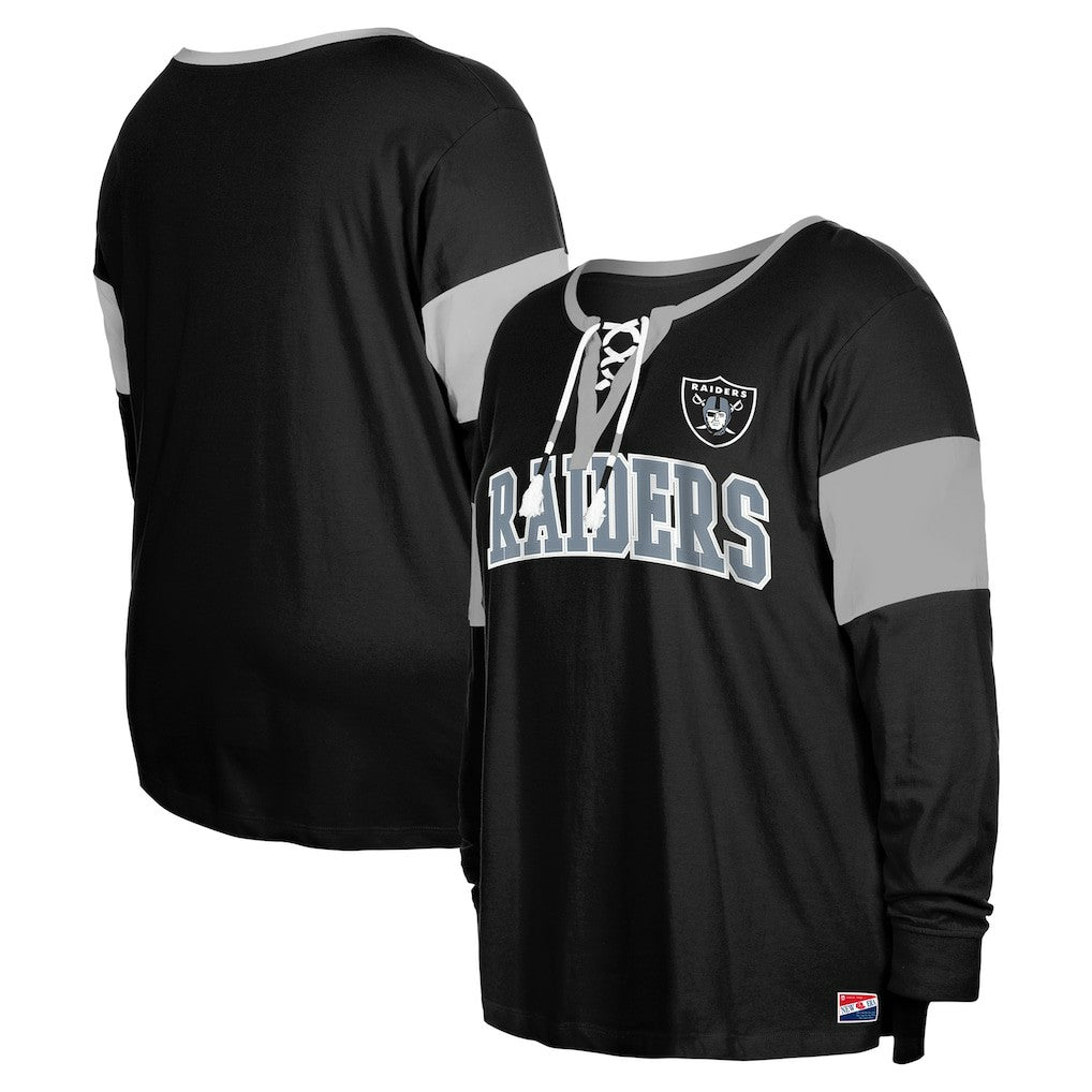 Women's Plus Size Lace-Up Notch Neck Long Sleeve T-Shirt  - Las Vegas Raiders