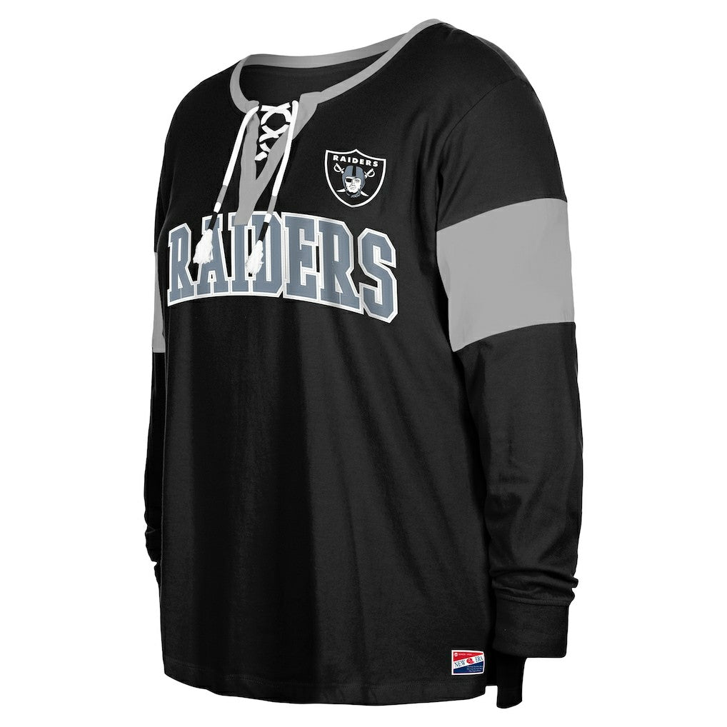 Women's Plus Size Lace-Up Notch Neck Long Sleeve T-Shirt  - Las Vegas Raiders
