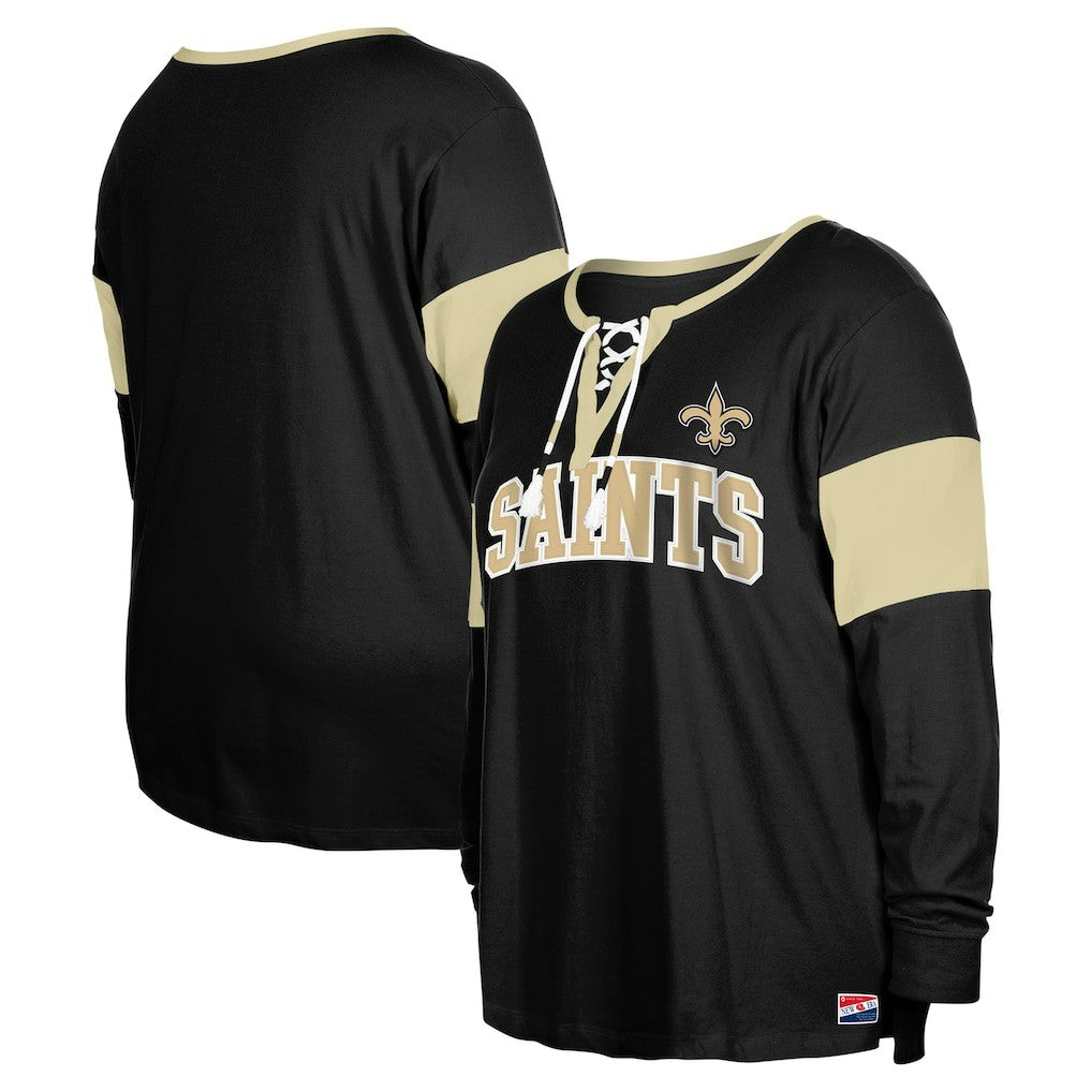 Women's Plus Size Lace-Up Notch Neck Long Sleeve T-Shirt  - New Orleans Saints