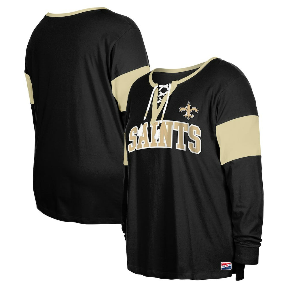 Women's Plus Size Lace-Up Notch Neck Long Sleeve T-Shirt  - New Orleans Saints