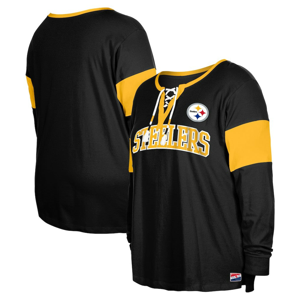 Women's Plus Size Lace-Up Notch Neck Long Sleeve T-Shirt  - Pittsburgh Steelers