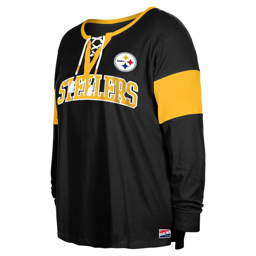 Women's Plus Size Lace-Up Notch Neck Long Sleeve T-Shirt  - Pittsburgh Steelers