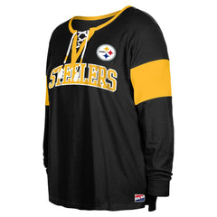Women's Plus Size Lace-Up Notch Neck Long Sleeve T-Shirt  - Pittsburgh Steelers