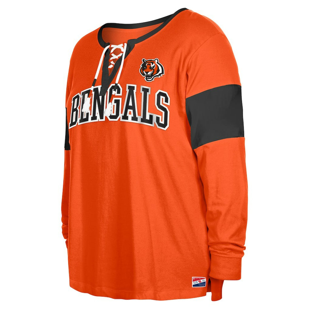 Women's Plus Size Lace-Up Notch Neck Long Sleeve T-Shirt  - Cincinnati Bengals