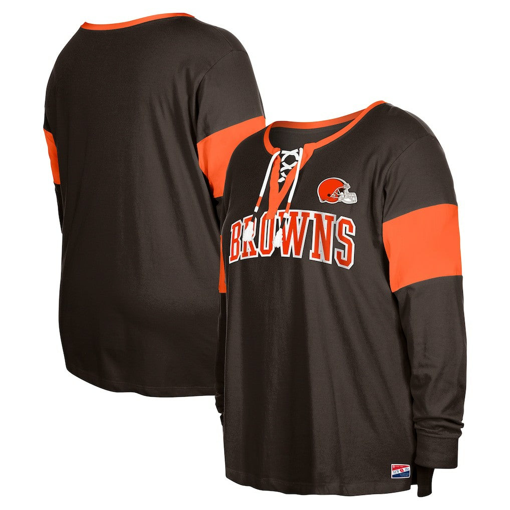 Women's Plus Size Lace-Up Notch Neck Long Sleeve T-Shirt  - Cleveland Browns