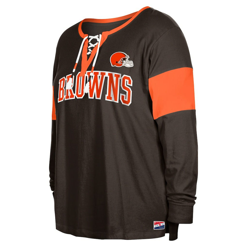 Women's Plus Size Lace-Up Notch Neck Long Sleeve T-Shirt  - Cleveland Browns