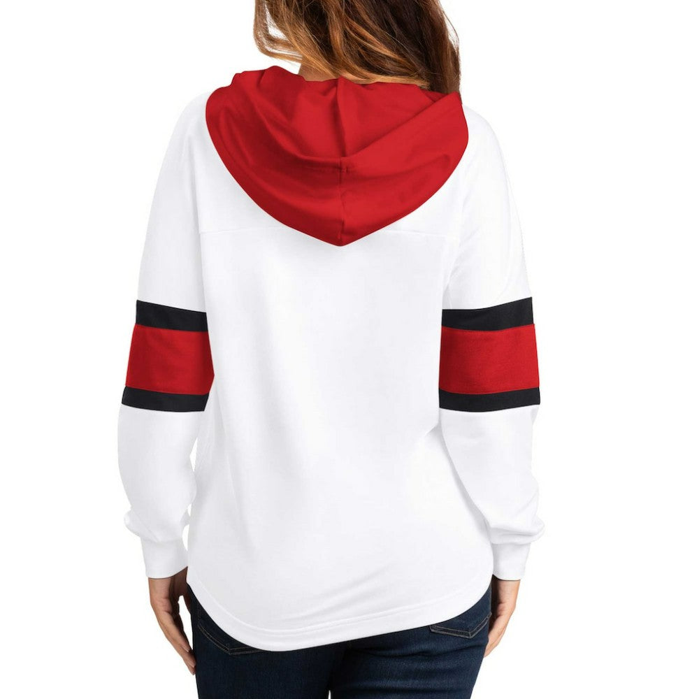 NHL White/Red New Jersey Devils G-III 4Her by Carl Banks Women's Goal Zone Long Sleeve Lace-Up Hoodie T-Shirt