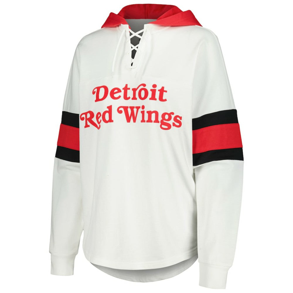 NHL White/Red Detroit Red Wings G-III 4Her by Carl Banks Women's Goal Zone Long Sleeve Lace-Up Hoodie T-Shirt