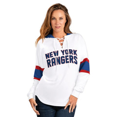 NHL White/Blue New York Rangers G-III 4Her by Carl Banks Women's Goal Zone Long Sleeve Lace-Up Hoodie T-Shirt