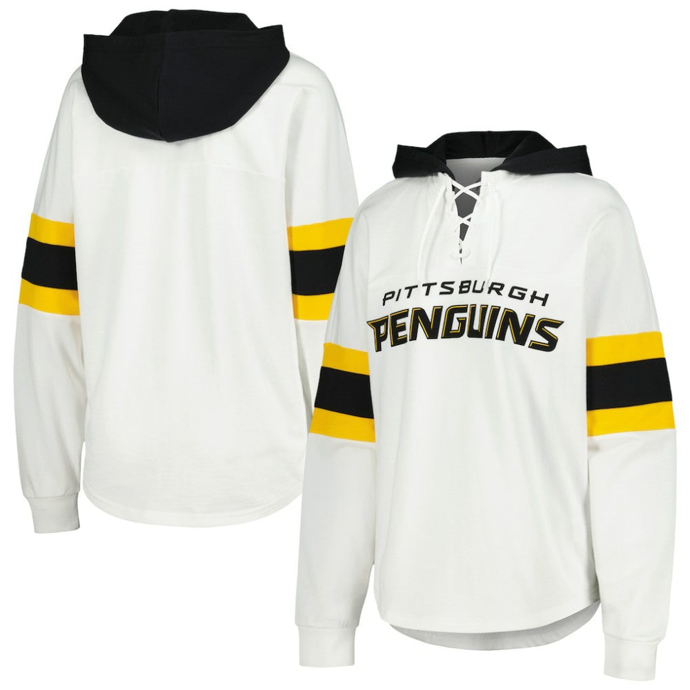 NHL White/Black Pittsburgh Penguins G-III 4Her by Carl Banks Women's Goal Zone Long Sleeve Lace-Up Hoodie T-Shirt