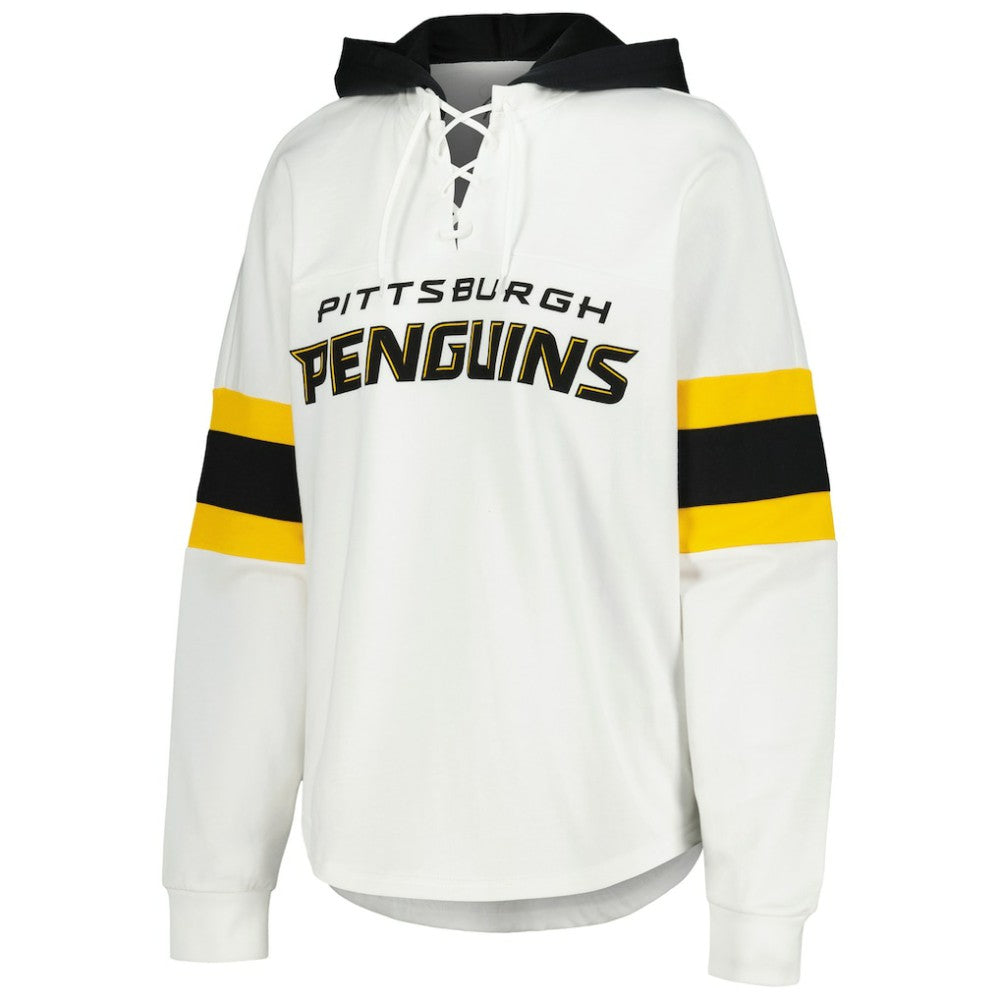 NHL White/Black Pittsburgh Penguins G-III 4Her by Carl Banks Women's Goal Zone Long Sleeve Lace-Up Hoodie T-Shirt