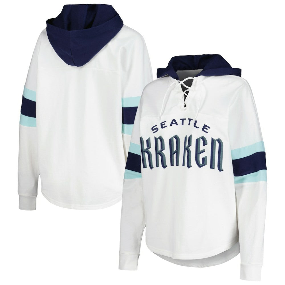 NHL White/Deep Sea Blue Seattle Kraken G-III 4Her by Carl Banks Women's Goal Zone Long Sleeve Lace-Up Hoodie T-Shirt