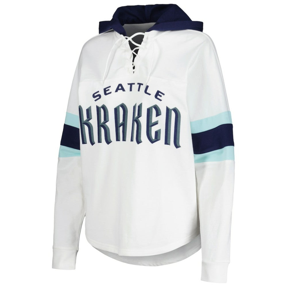 NHL White/Deep Sea Blue Seattle Kraken G-III 4Her by Carl Banks Women's Goal Zone Long Sleeve Lace-Up Hoodie T-Shirt