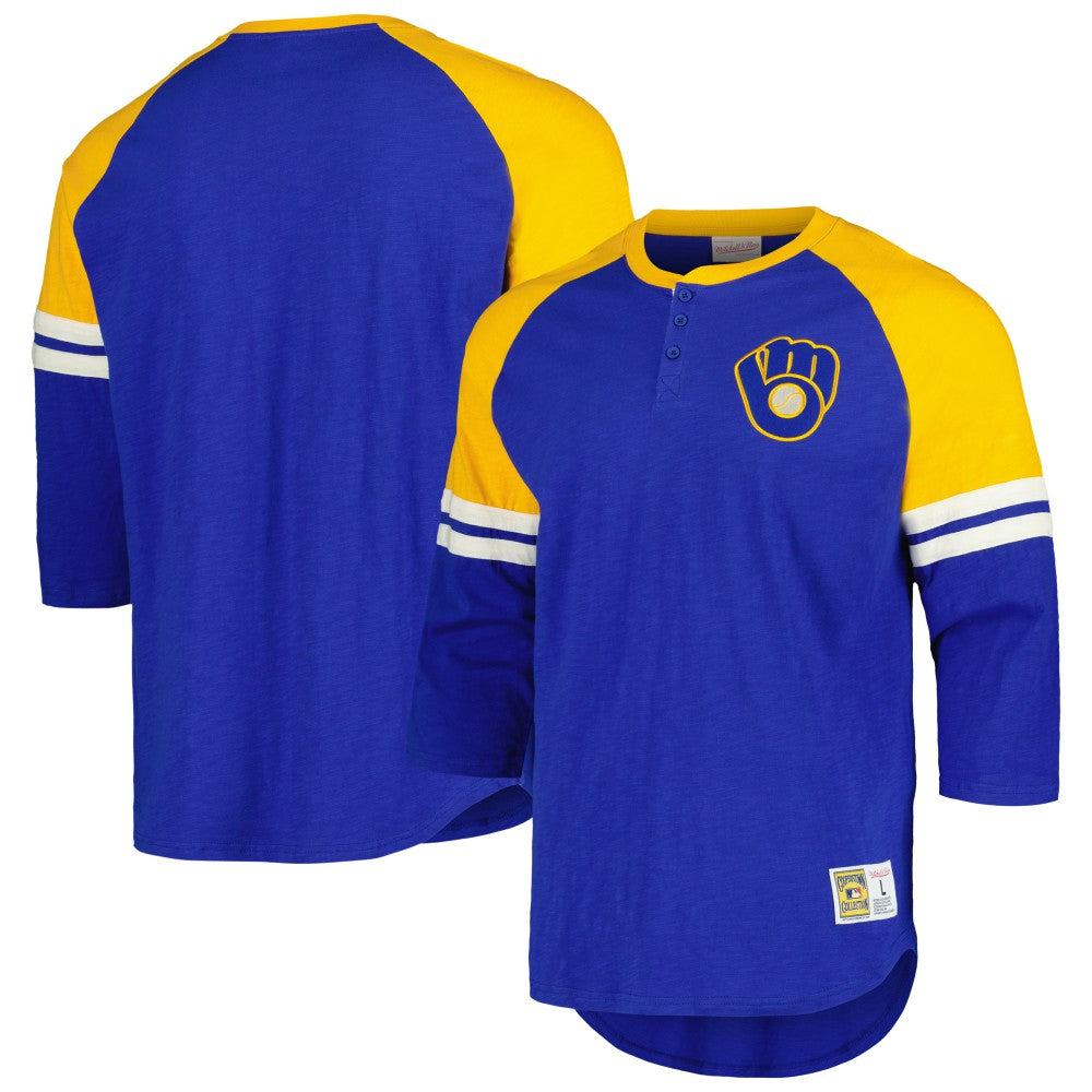 MLB Milwaukee Brewers Mitchell & Ness Cooperstown Collection Legendary Raglan Slub Henley 3/4-Sleeve T-Shirt