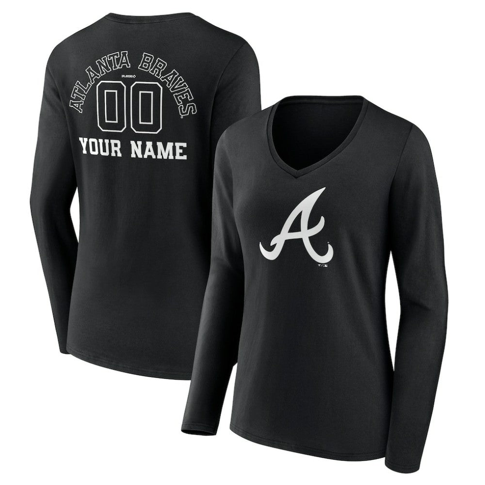 MLB Atlanta Braves Women's Monochrome Personalized Name & Number Long Sleeve V-Neck T-Shirt