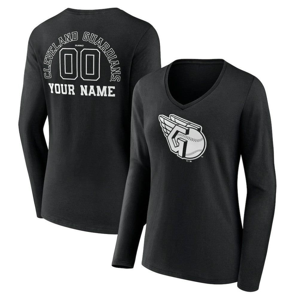 MLB Cleveland Guardians Women's Monochrome Personalized Name & Number Long Sleeve V-Neck T-Shirt