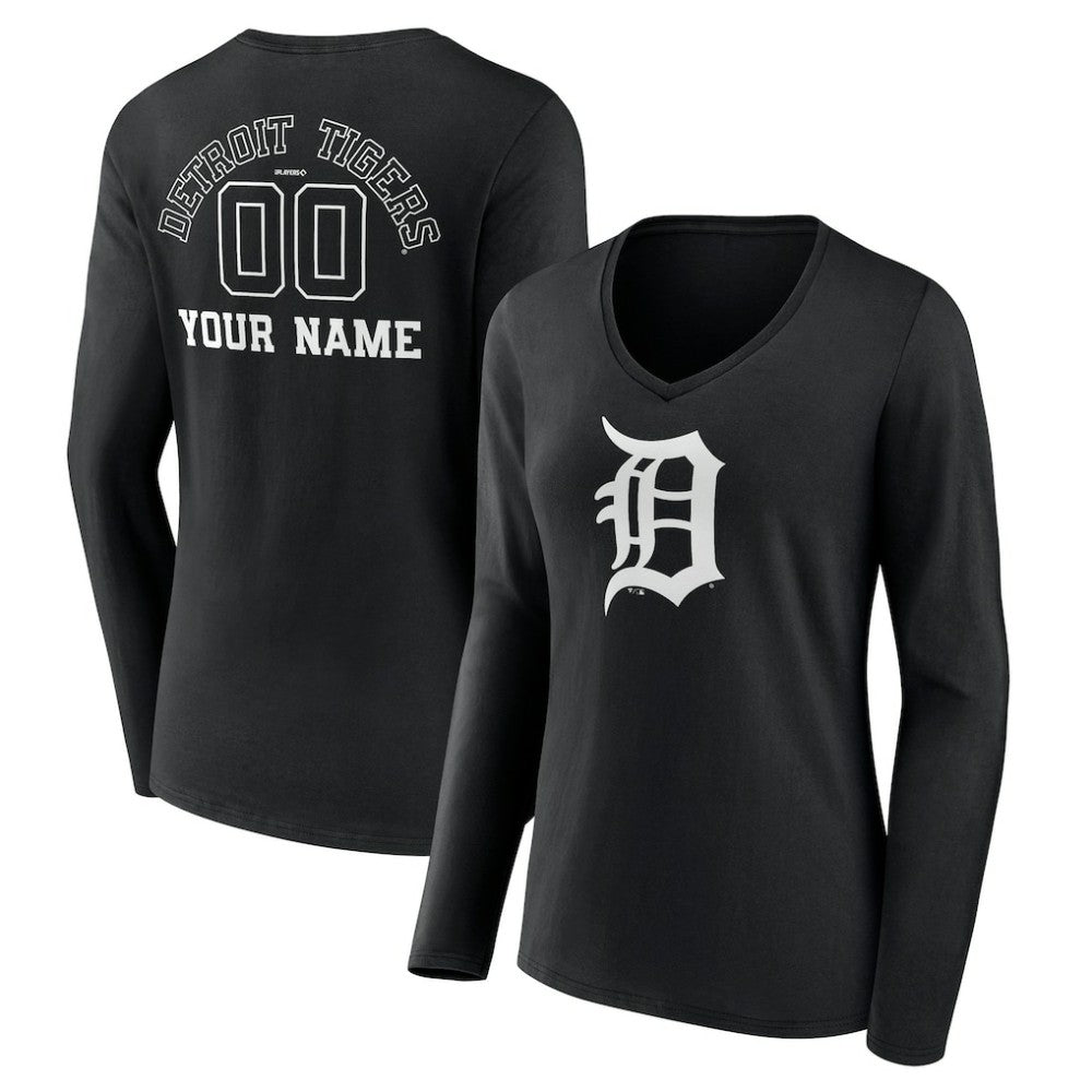 MLB Detroit Tigers Women's Monochrome Personalized Name & Number Long Sleeve V-Neck T-Shirt