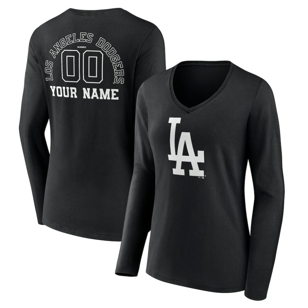 MLB Los Angeles Dodgers Women's Monochrome Personalized Name & Number Long Sleeve V-Neck T-Shirt