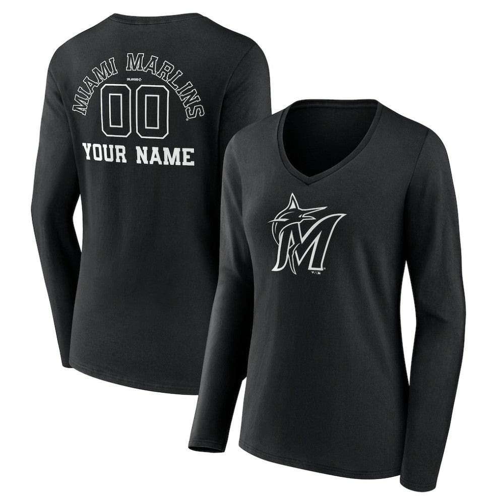 MLB Miami Marlins Women's Monochrome Personalized Name & Number Long Sleeve V-Neck T-Shirt