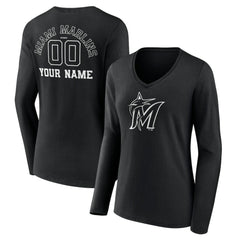 MLB Miami Marlins Women's Monochrome Personalized Name & Number Long Sleeve V-Neck T-Shirt