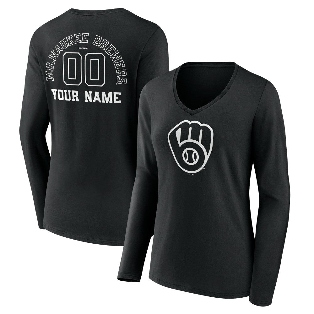 MLB Milwaukee Brewers Women's Monochrome Personalized Name & Number Long Sleeve V-Neck T-Shirt
