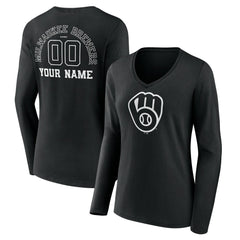 MLB Milwaukee Brewers Women's Monochrome Personalized Name & Number Long Sleeve V-Neck T-Shirt