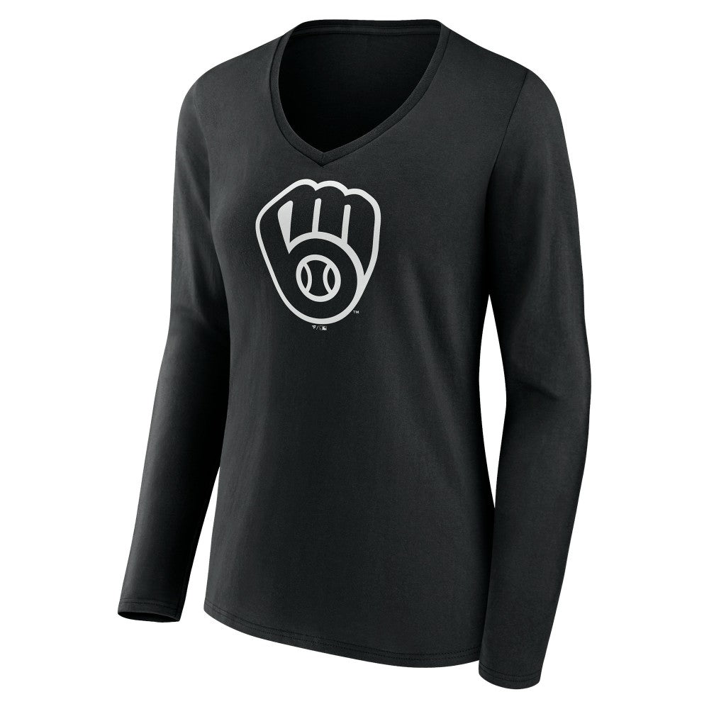 MLB Milwaukee Brewers Women's Monochrome Personalized Name & Number Long Sleeve V-Neck T-Shirt
