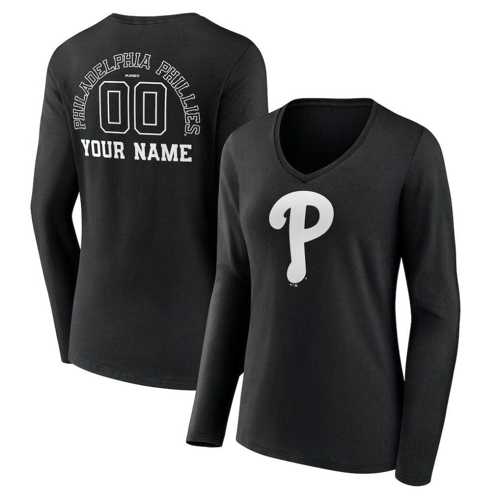 MLB Philadelphia Phillies Women's Monochrome Personalized Name & Number Long Sleeve V-Neck T-Shirt