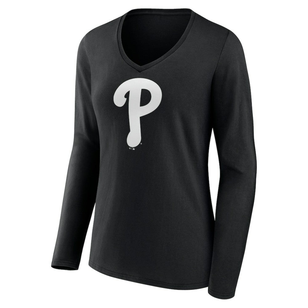 MLB Philadelphia Phillies Women's Monochrome Personalized Name & Number Long Sleeve V-Neck T-Shirt
