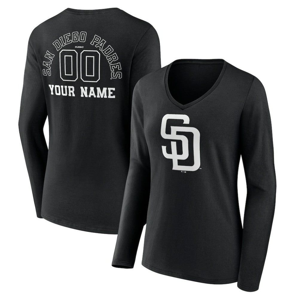 MLB San Diego Padres Women's Monochrome Personalized Name & Number Long Sleeve V-Neck T-Shirt