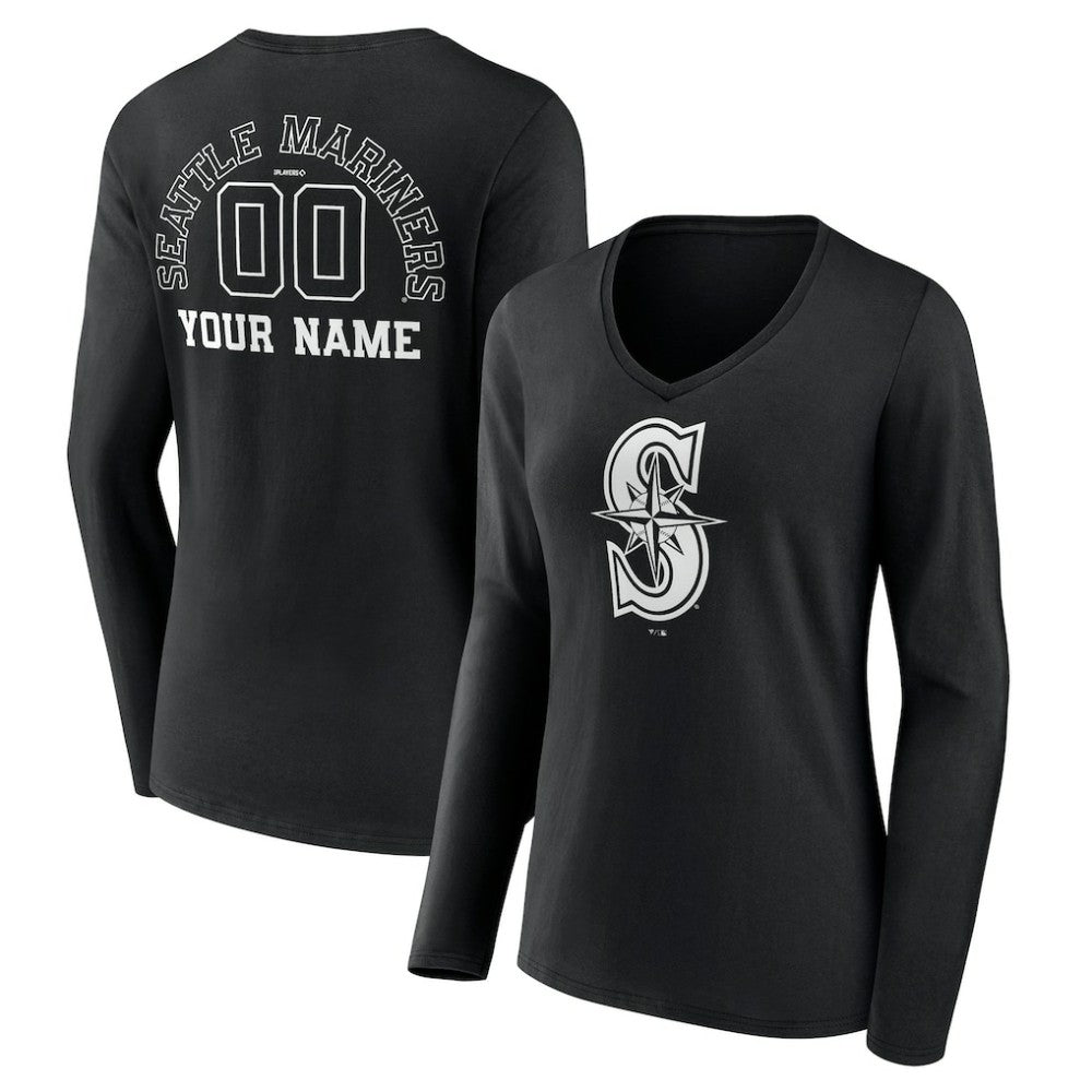 MLB Seattle Mariners Women's Monochrome Personalized Name & Number Long Sleeve V-Neck T-Shirt