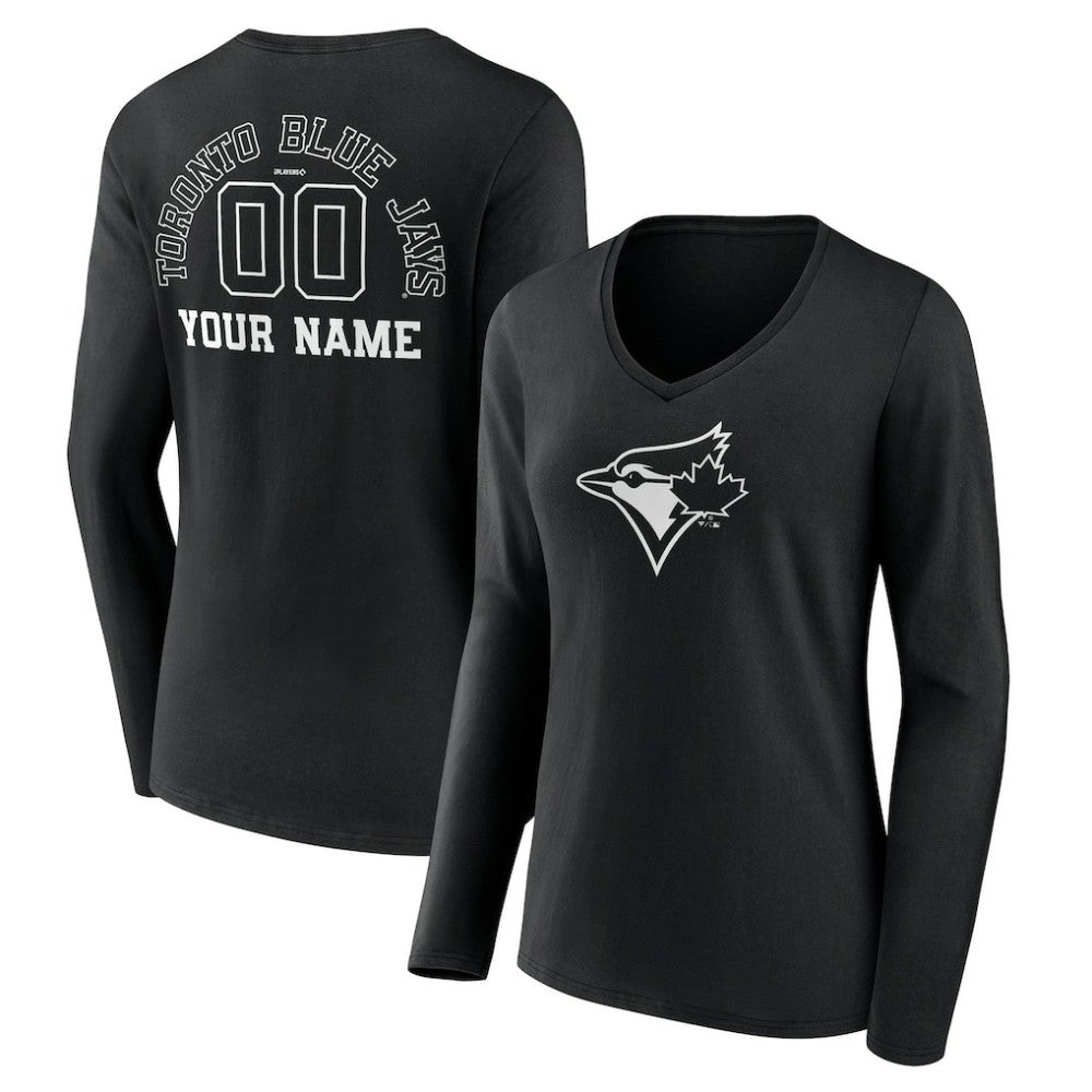 MLB Toronto Blue Jays Women's Monochrome Personalized Name & Number Long Sleeve V-Neck T-Shirt