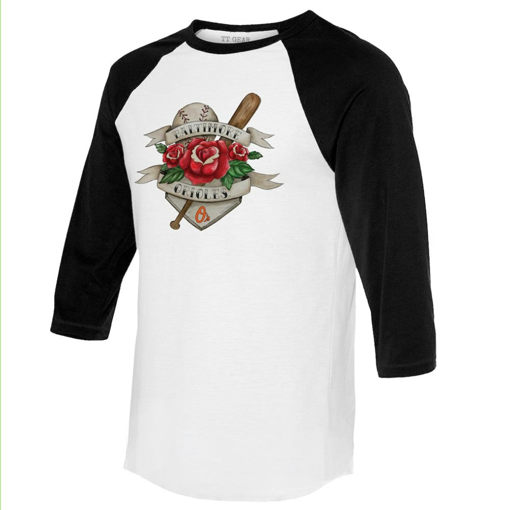 MLB Baltimore Orioles Tiny Turnip Unisex Tattoo Rose 3/4-Sleeve Raglan T-Shirt