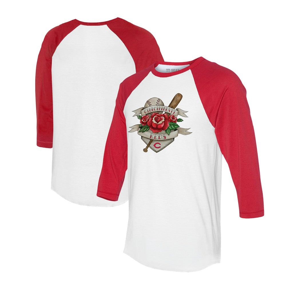 MLB Cincinnati Reds Tiny Turnip Unisex Tattoo Rose 3/4-Sleeve Raglan T-Shirt