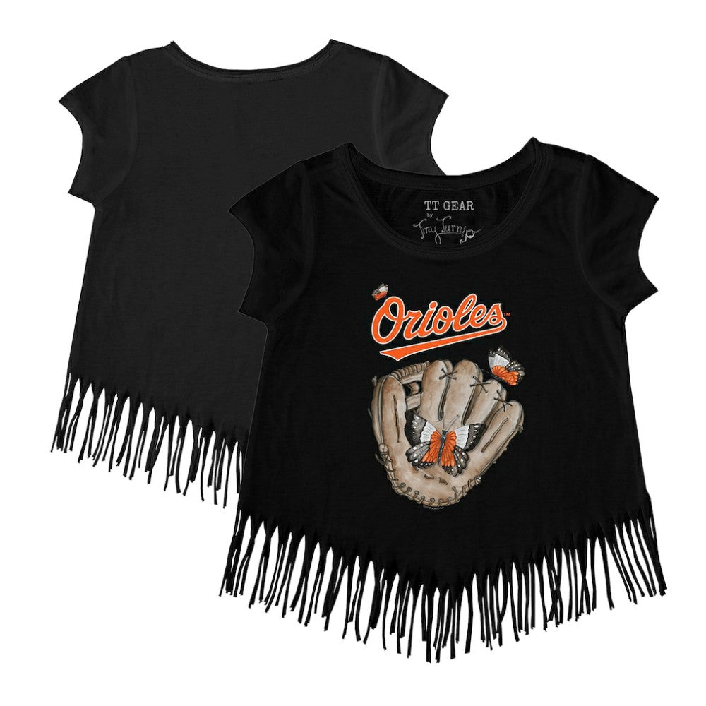MLB Baltimore Orioles Tiny Turnip Girls Youth Butterfly Glove Fringe T-Shirt