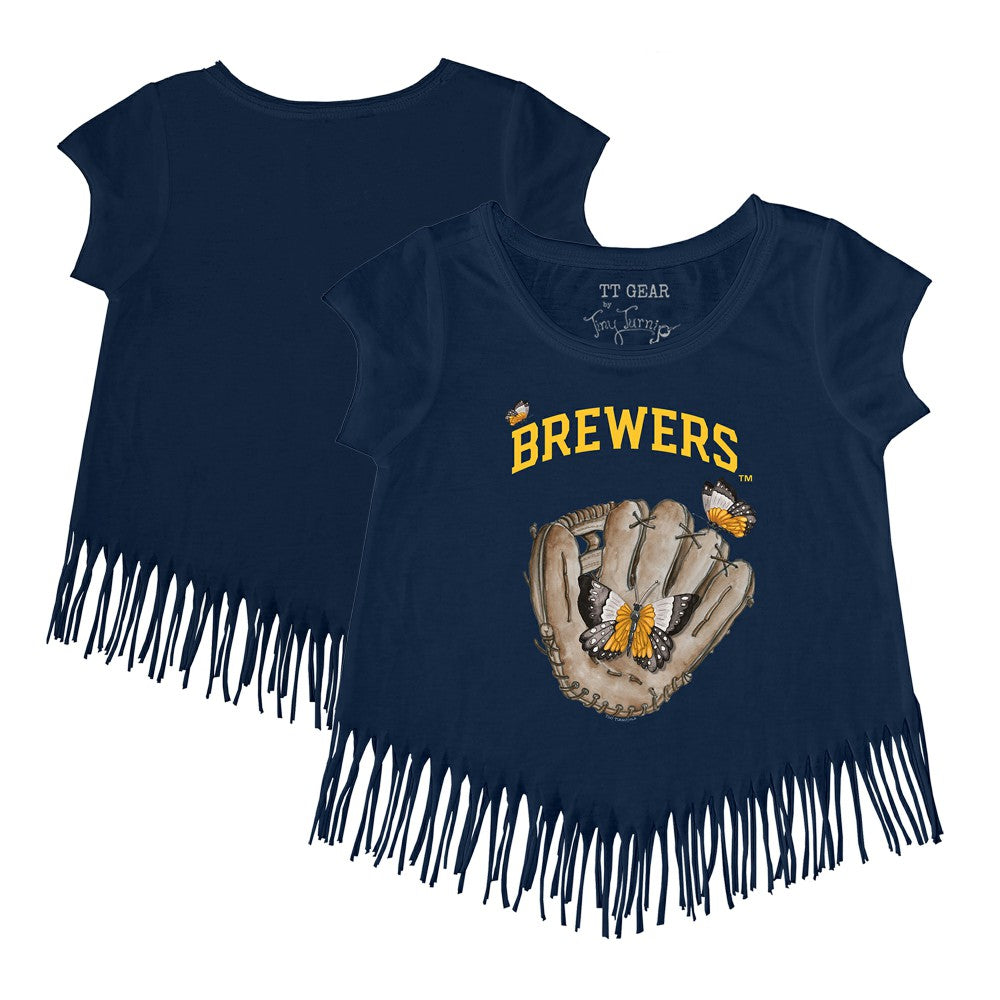 MLB Milwaukee Brewers Tiny Turnip Girls Youth Butterfly Glove Fringe T-Shirt