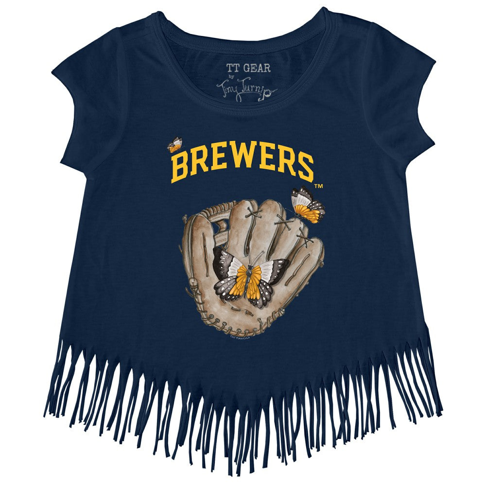 MLB Milwaukee Brewers Tiny Turnip Girls Youth Butterfly Glove Fringe T-Shirt
