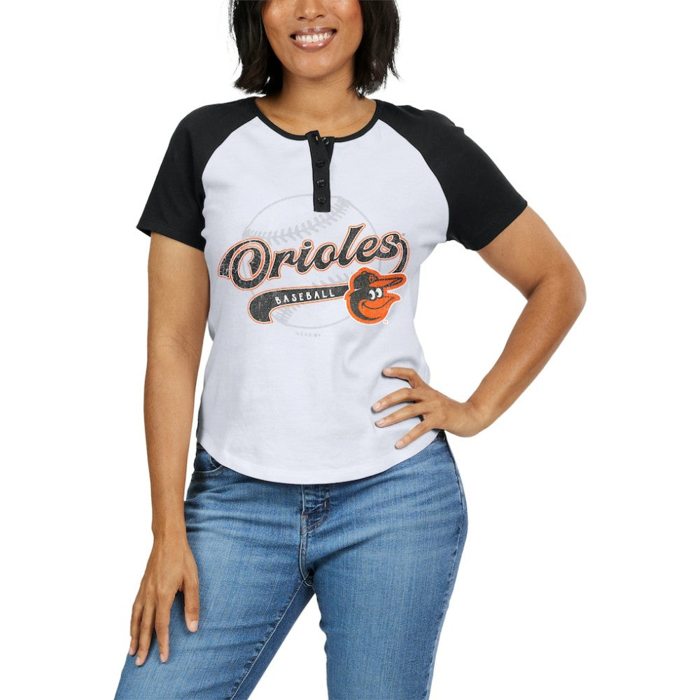 MLB Baltimore Orioles WEAR by Erin Andrews Women's Fitted Henley Raglan T-Shirt